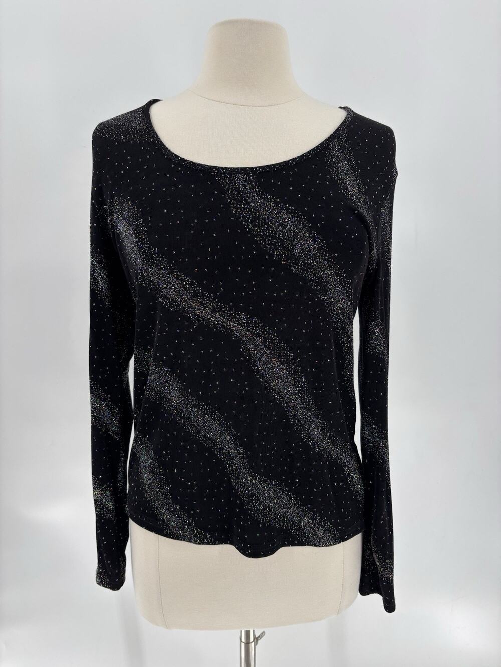 Vintage 90s Western Connection Blouse Womens Large Black Glitter Stretchy y2k